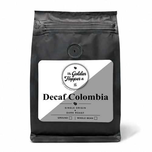 Decaf Colombia coffee bag from The Golden Hopper